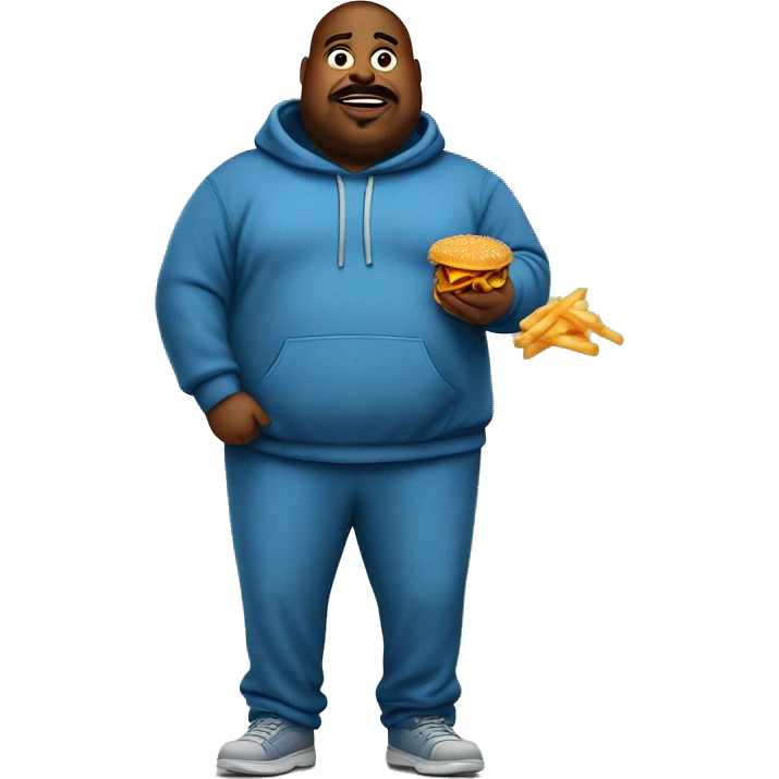 fat man in dirty blue sweatsuit with chili cheese fries in his mouth emoji