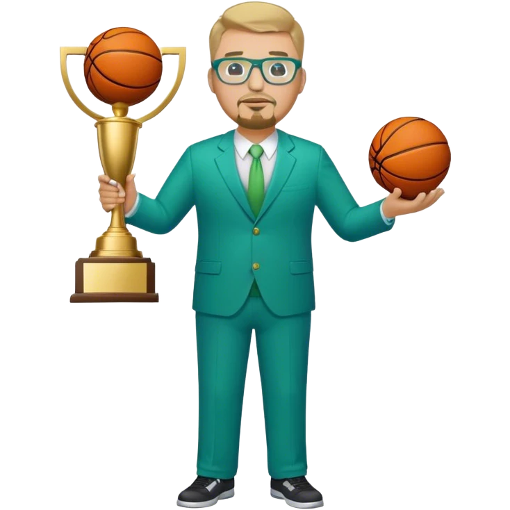 Full Body white plus size man  wearing glasses with a goatee with dirty blond short hair basketball head Coach in blue and green suit holding trophy emoji