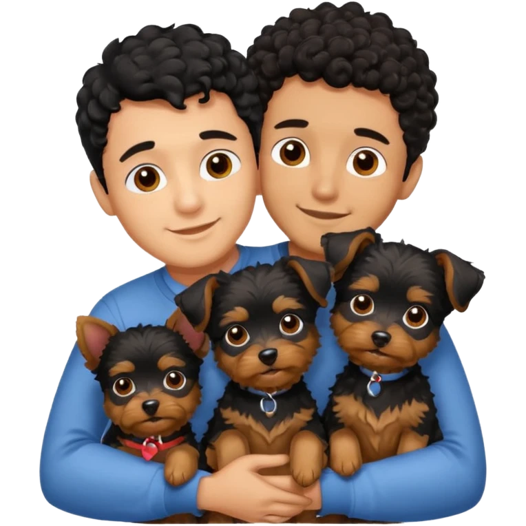 Young man with little brown skin, black curly hair, cheerful dark brown eyes, hugging two yorkie terrier  emoji