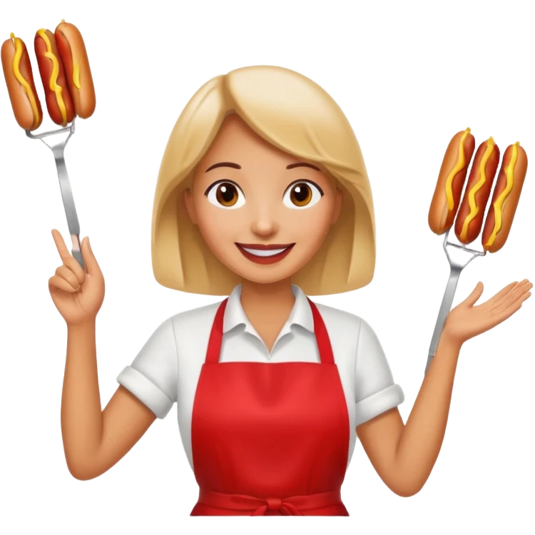 A cheerful woman selling hotdogs, waving a tongs in one hand. emoji