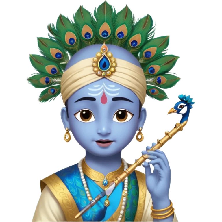 Lord Sri Krishna carrying only one peacock feather on his head with cute face and play flute with happy, big laugh, crying-laugh, sad, ugly cry, shocked, scared, angry, rage, annoyed, side-eye, confused, bored, sleepy, love, blush, smug, proud, panic, facepalm, awkward, thinking, sick, celebratory emoji