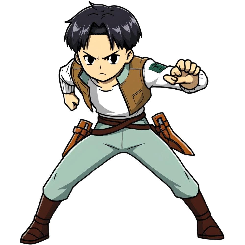 Levi Ackerman from Attack on Titan in battle stance with ODM gear, black undercut hair, serious expression emoji