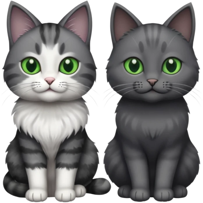 2 different coloured grey cats including one dark grey and white cat and one completely solid dark grey cat with green eyes and only white paws emoji