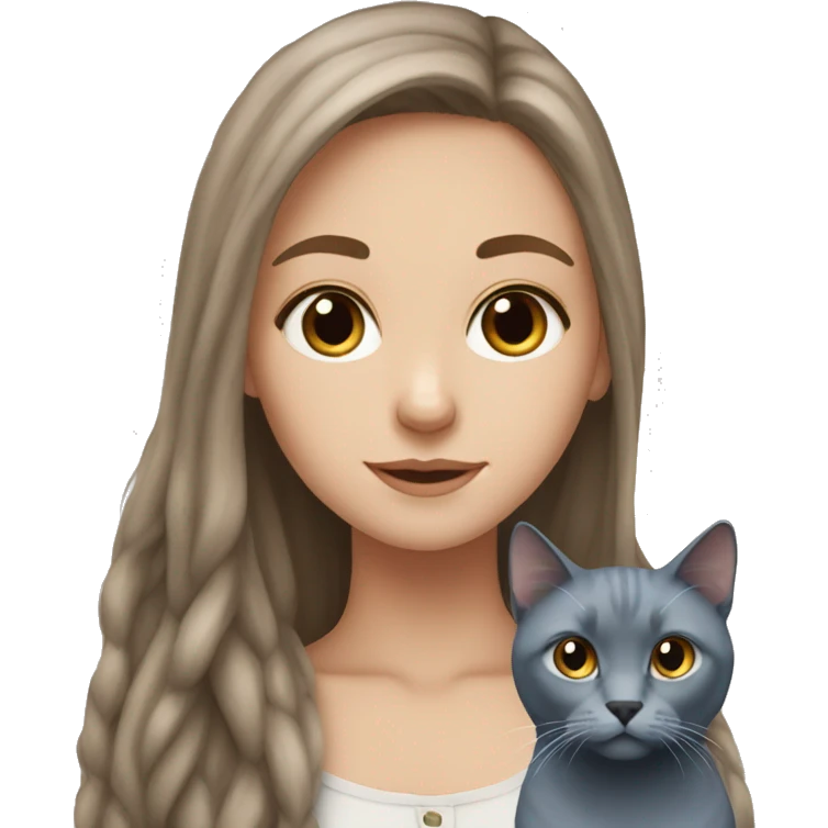 White girl who Has Brown long hair and russian blue cat together emoji