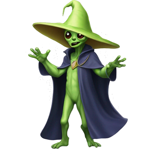Alien wearing a wizard hat doing a swagger walk emoji