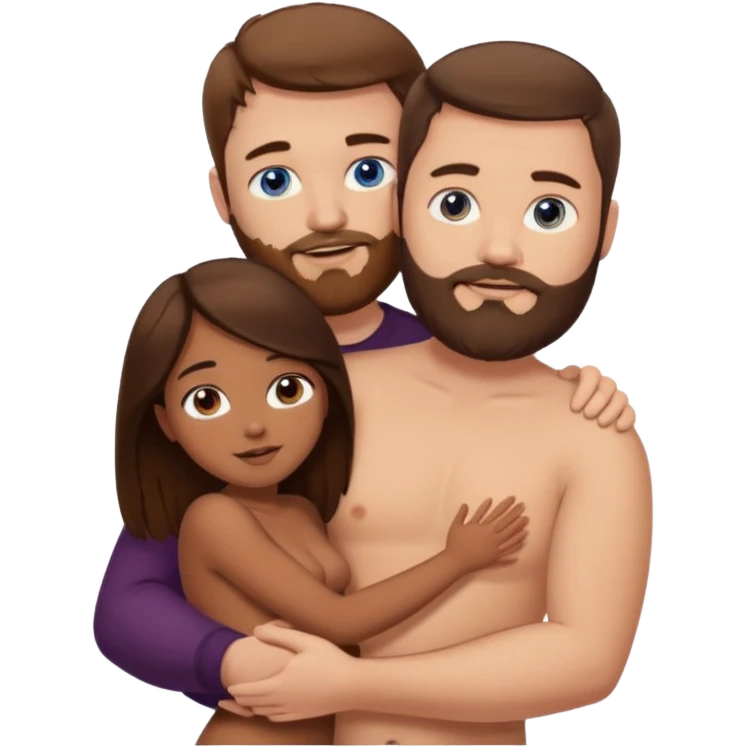 chubby white guy with brown hair and beard and blue eyes, holding a brown girl with long dark hair and brown eyes in arms, naked, showing tits and pussy emoji