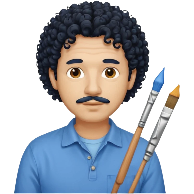 homme 50 ans cheveux frisé noir artiste peintre chemisse bleu emoji