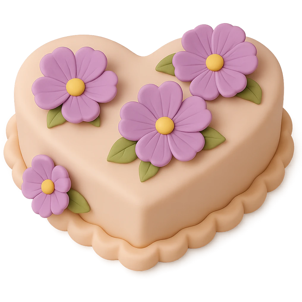 Remove the birthday candles, keep only the heart-shaped fondant cake with purple flowers, fondant cake art style, transparent background. emoji