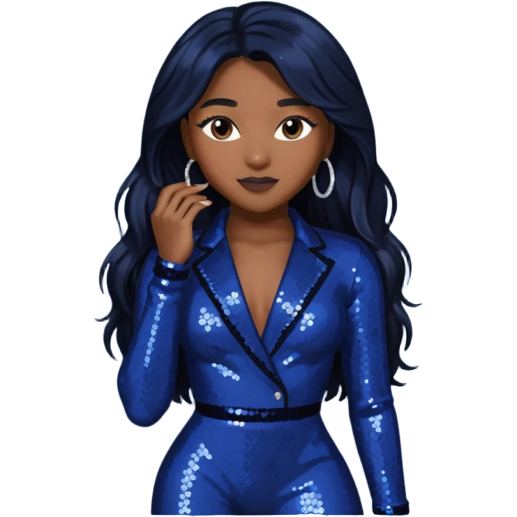 Normani from Fifth Harmony with long black hair, dark indigo sequin outfit emoji