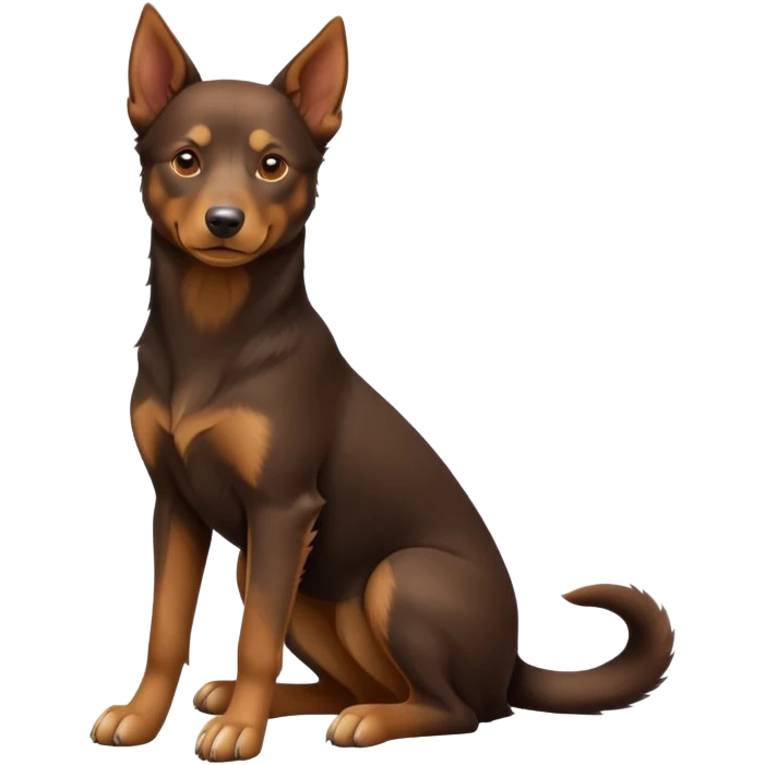 cinematic-[australian kelpie]-realistic-full-body-sitting-emoji,-tail-resting-loosely-beside-its-paws,-head-tilted-dramatically, -sleek-[Brown and tan]-fur,-simplified-yet-realistic-focused-features,-highly-detailed,-glowing-with-an-almost-sarcastic-glow emoji