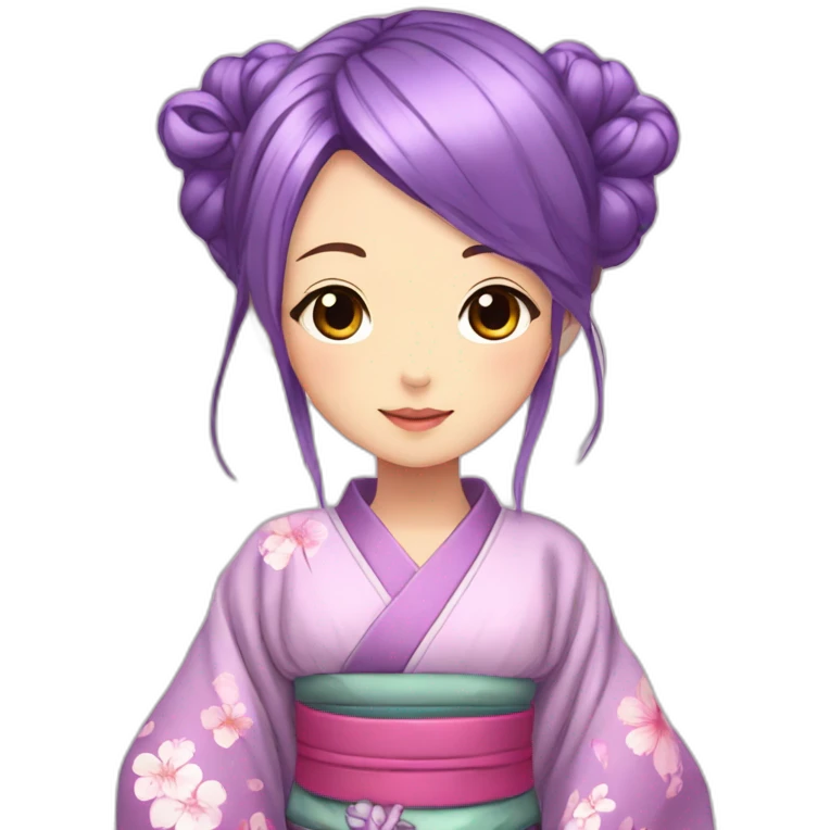 girl long purple and pink hair anime kimono and butterfly in head emoji