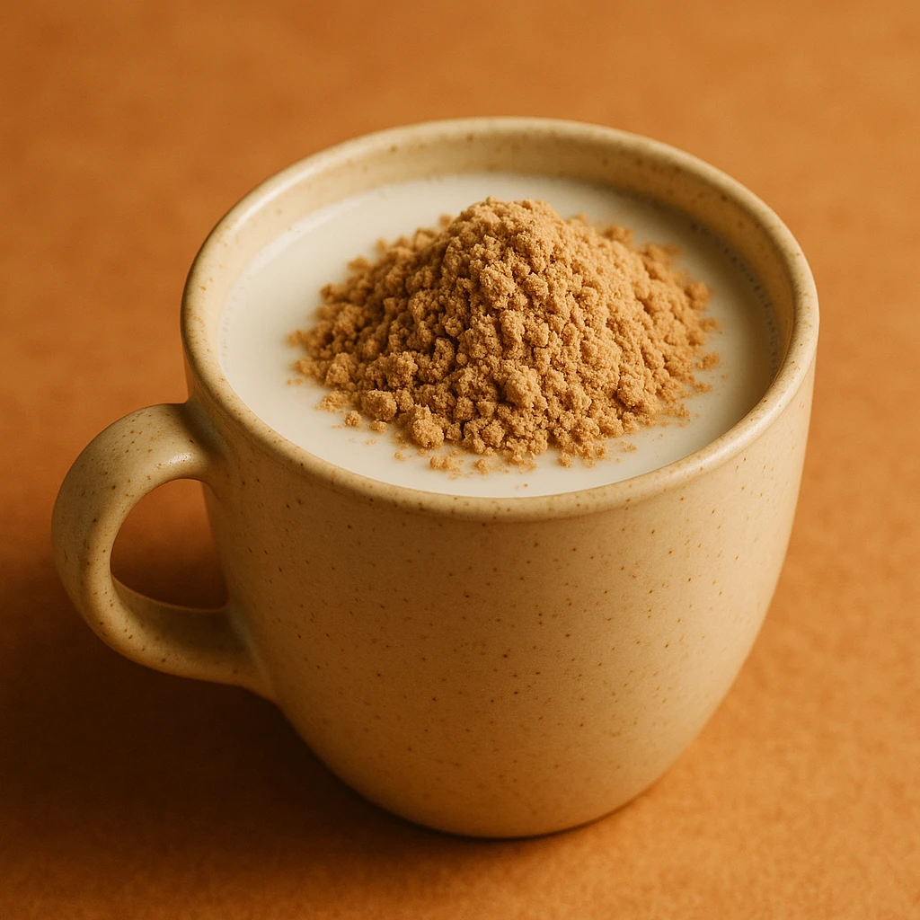 a cup of milk with gofio, warm colors, simple background, focus on the texture of the gofio emoji