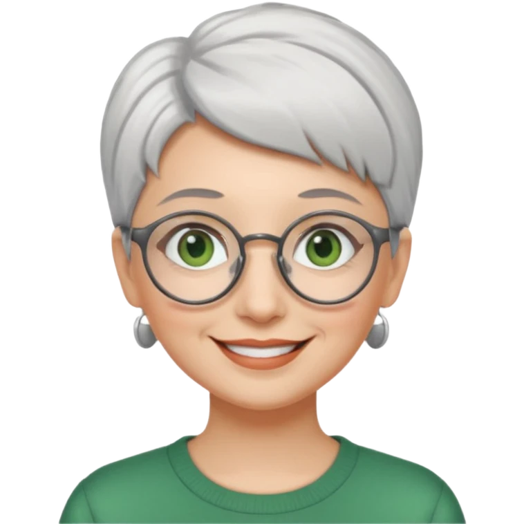 visage femme a lunettes ronde avec cheveux courts gris-blancs aux yeux verts qui souris emoji