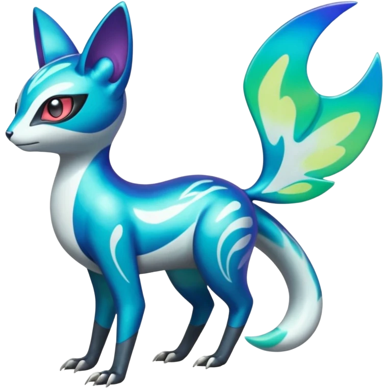Shiny exotic animalistic feral Colorful glowing glossy smooth soft silky Futuristic Cyber-Vernid-Trico-Meloetta-Latias-Koraidon-Peppercat-Protogen-Pokémon-Digimon-Fakémon-fusion-hybrid-creature emoji