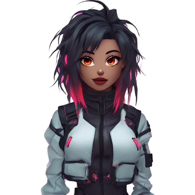 Gorgeous futuristic glowing neon techwear anime style lady with blushing face aesthetic and pretty edgy black red punk messy wild cute hair with collar and harness trending style emoji