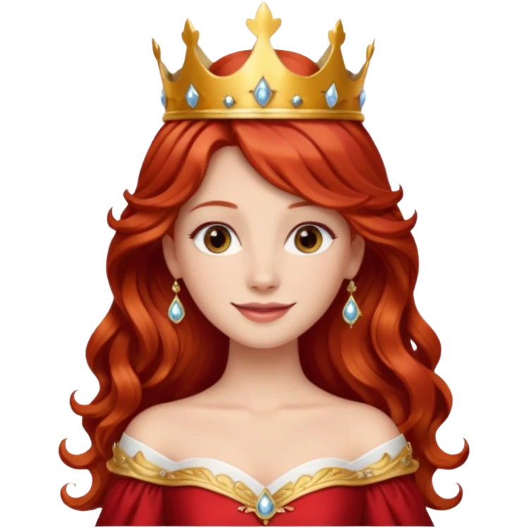 Red Haired Princess, Elegant Princess – long wavy red hair, gold crown, red-white gown, calm smile. emoji