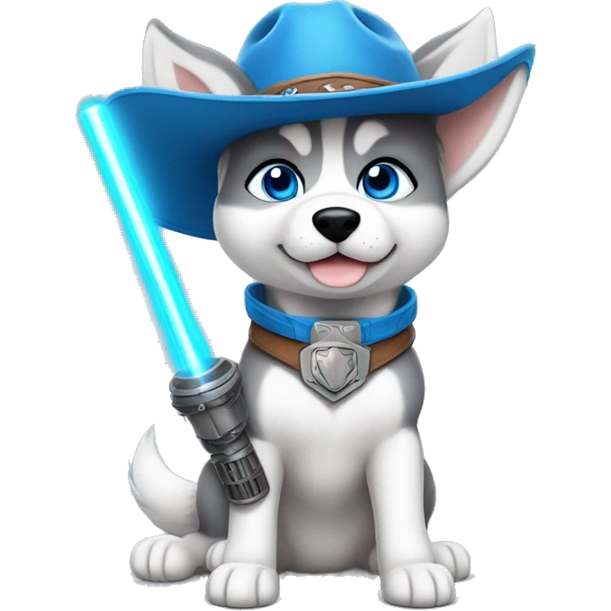 Gray Siberian Husky with blue eyes puppy wearing a cowboy hat dressed in Jedi clothing Holding a Lightsaber with the Paw emoji