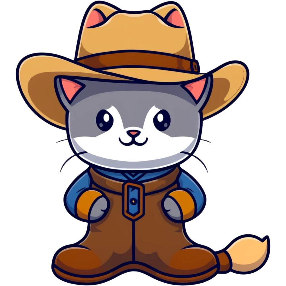 Grey kitten wearing a tan cowboy hat and brown boots emoji