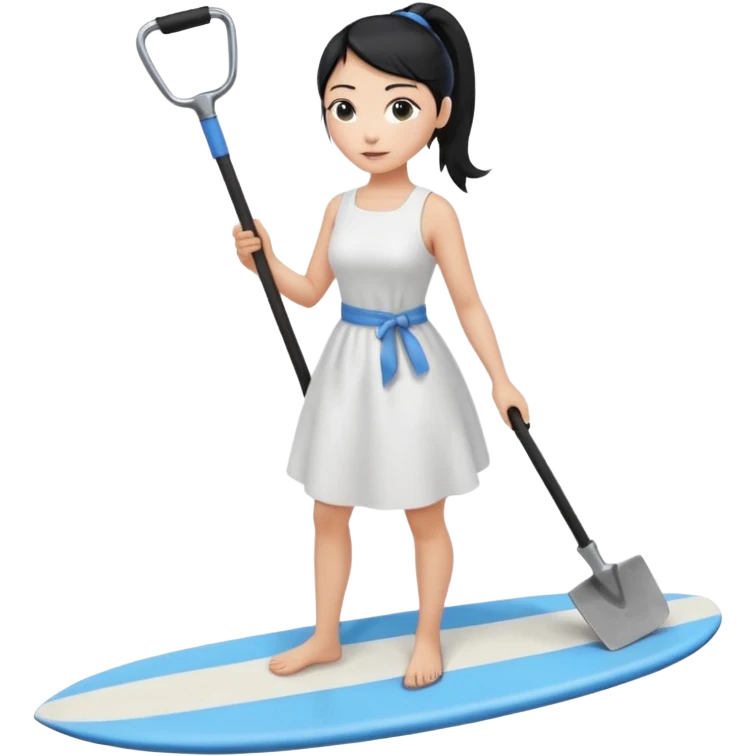 Princess who wearing white dress (woman) black ponytail hair holding her cellphone and  one garden iron shovel with another hand. there is one blue surfing board under her feet. She is looking at her phone. emoji