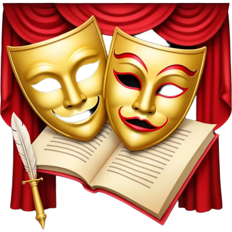 Create a bold and dramatic emoji representing the art of playwriting. The design should feature an open script or a theater playbook, with stylized text lines or dramatic dialogue inside. Include elements like a theatrical mask (comedy or tragedy), a stage spotlight, or a quill to symbolize creativity and performance. Use deep, contrasting colors like red, black, and gold to evoke the intensity and passion of drama. The overall design should feel dramatic, inspiring, and artistic. Make the background transparent. emoji