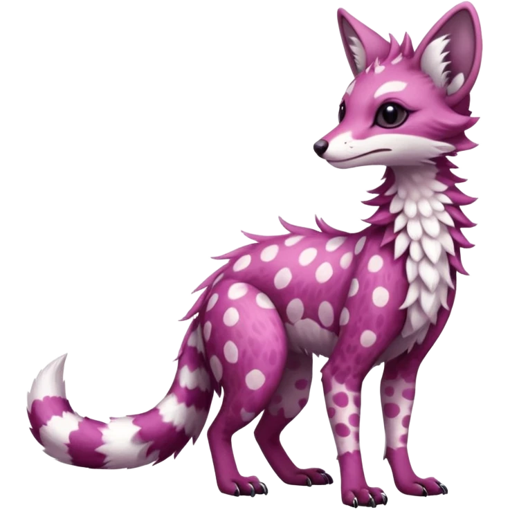 Feral Rare Fantasy   soft magenta fur with pearly-white polka dots and subtle shimmer  Vernid-Sergal-Genet-Trico-species by LiLaiRa, random markings, tufted tail, tufted ears, full body emoji