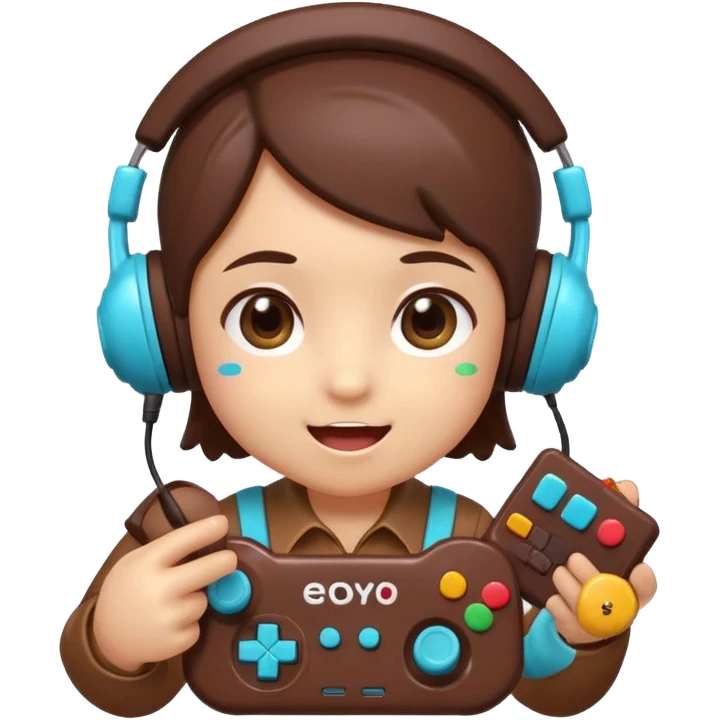 Cartoon chocolate mini pastry wearing tiny headset, holding tiny controller, focused excited eyes, chibi style, Twitch emoji style, transparent background, colorful
 emoji