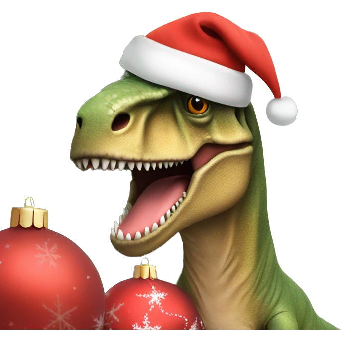 A T rex in a Christmas hat and jumper, next to a Christmas tree  emoji