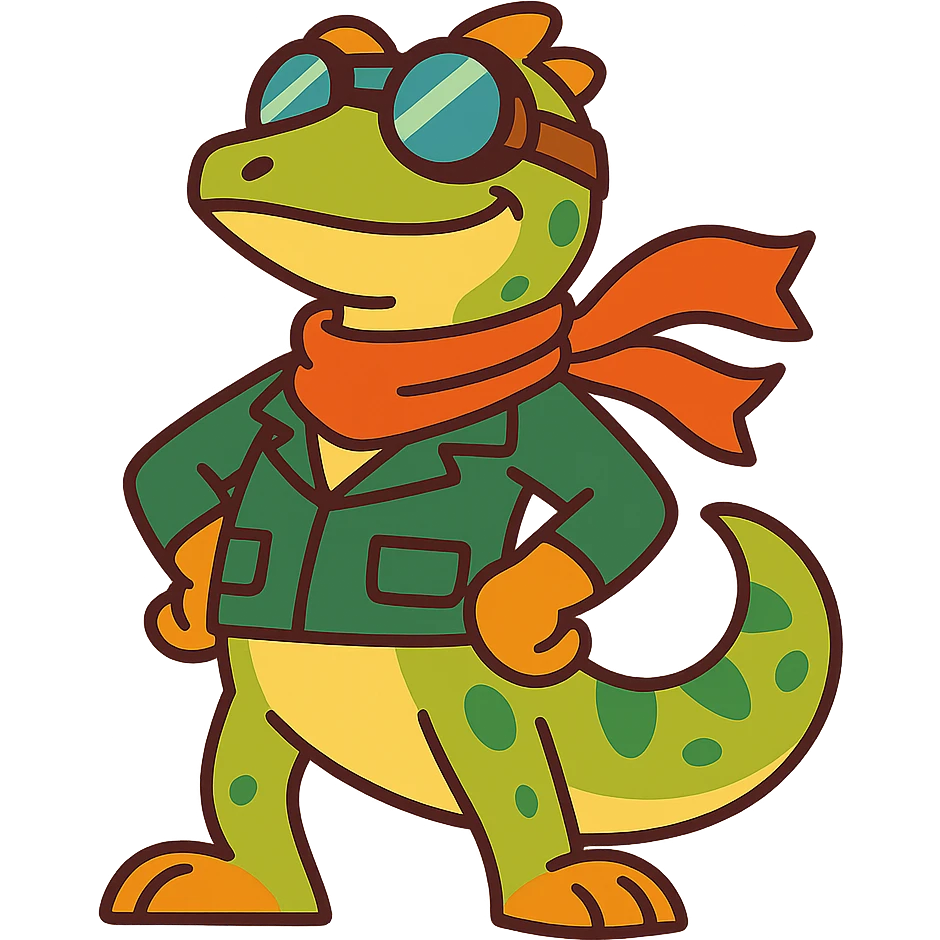 a lizard dressed as a pilot, aviator goggles, scarf, confident pose, cartoon style emoji