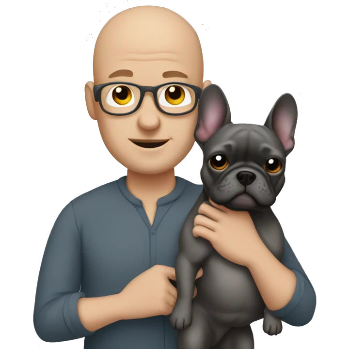 Bald man holding dark grey french bulldog  emoji