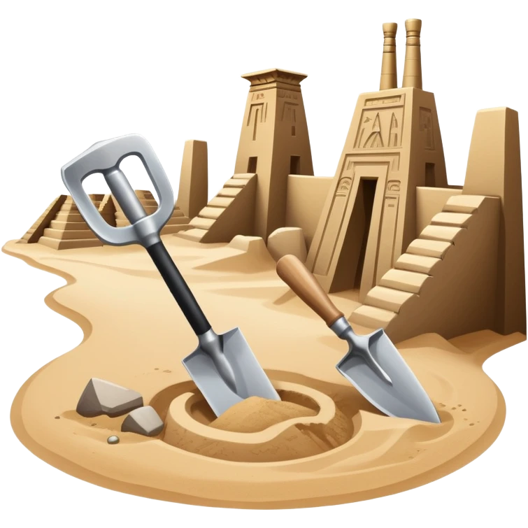 An icon showing archaeological tools—trowel, brush, and pickaxe—laid out on the sand, with the ancient Karnak temple ruins in the background. The design symbolizes exploration and discovery of ancient Egyptian history. Transparent background emoji