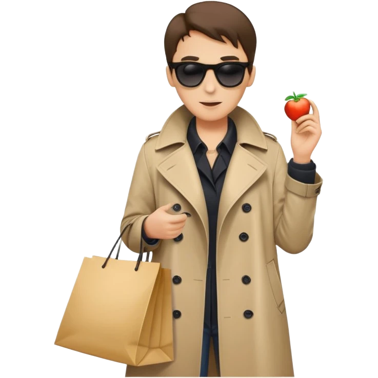 mystery shopper in trench coat, sunglasses, holding a shopping bag emoji