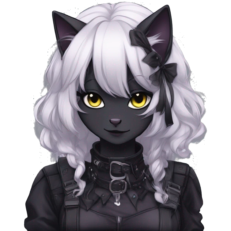 Gorgeous gothic dark techwear anime style anthro black cat furry with blushing face aesthetic and pretty edgy black with collar and harness trending style emoji