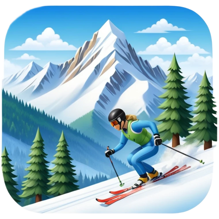 An icon featuring snowy peaks, pine trees, and a picturesque mountain landscape with a skier racing down a snow-covered slope, The sky is blue with soft clouds, capturing the thrill and beauty of alpine skiing. Transparent background highlights the excitement and serenity of winter sports. emoji