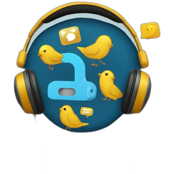 Headphones surrounded by social media graphics and symbols emoji