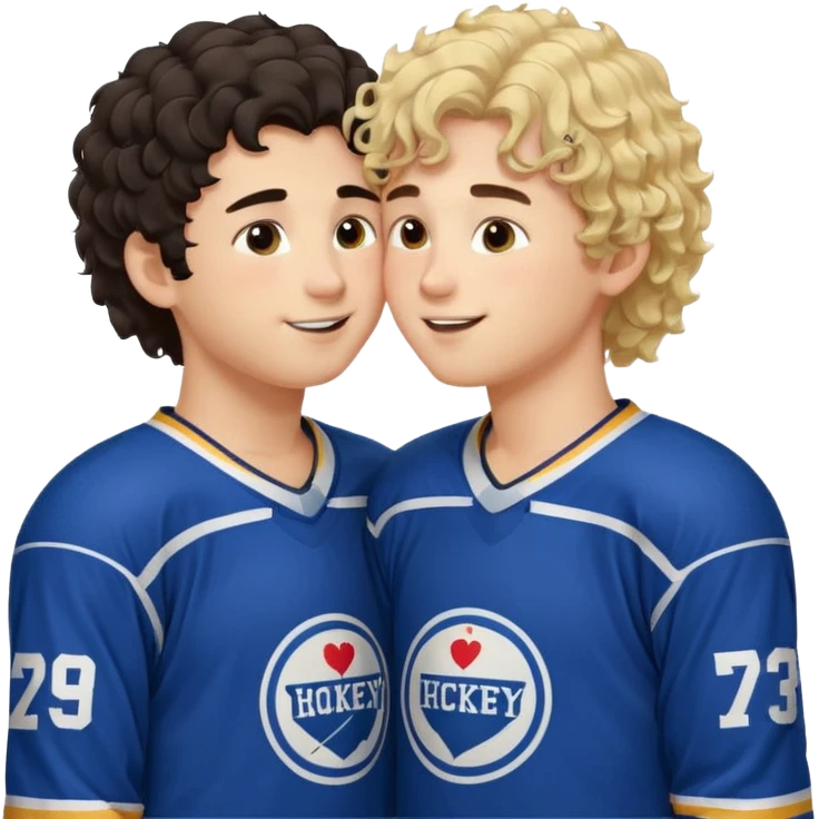 Dark hair boy hockey player kissing curly hair blonde hockey player boy emoji