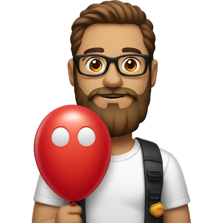 Heavy white young dad, with a big brown beard and black rectangle glasses and brown hair he’s holding a red balloon animal shaped like a dog emoji