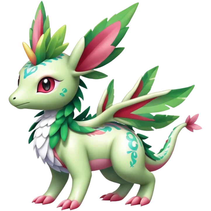 Shiny Exotic Cute Majestic Ethereal Sparkly Flygon-Sylveon-Shaymin-Meganium-Hybrid-Creature with white pattern-markings emoji