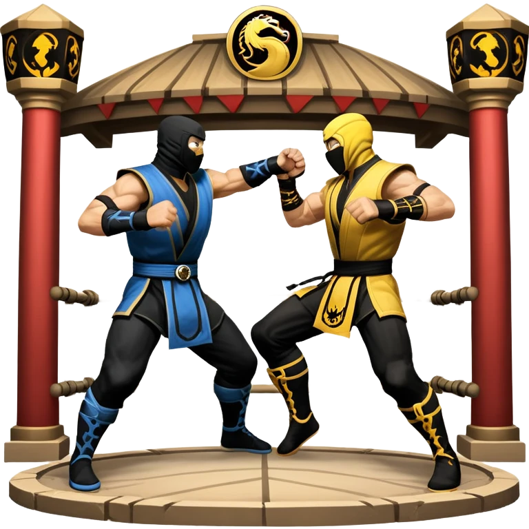 An icon showing two fighters in combat poses, inspired by Mortal Kombat. One character delivers a powerful kick, while the other blocks. The background features an iconic arena from the game with life bars at the top, symbolizing intense battles. Transparent background. emoji