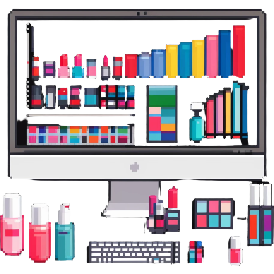 iMac computer with colorful bar charts and beauty products like lipstick, nail polish, cream jars on the screen emoji