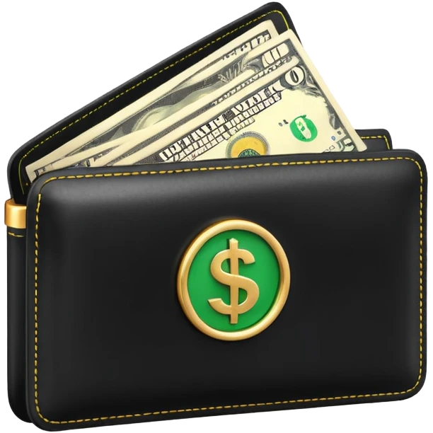 Rich emoji style black leather wallet with dollar bills, luxury money vibe, premium 3D emoji, ultra clean, high detail, no background
 emoji