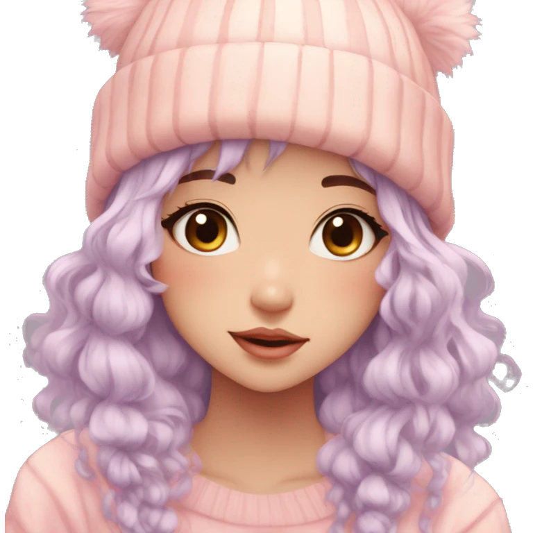 Gorgeous pastel anime girl with blushing face and hair garnitures and pretty hair and a beanie aesthetic trending style emoji