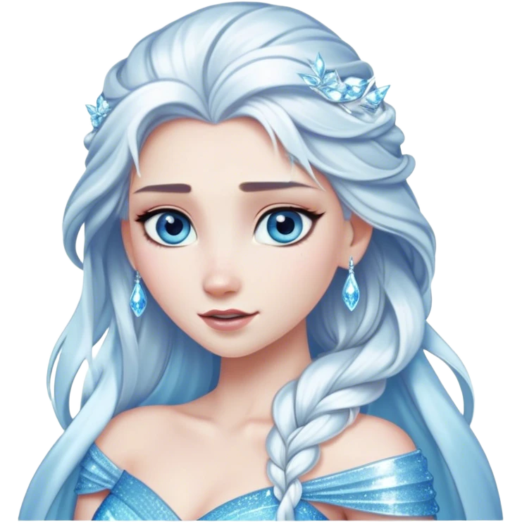 Cinematic Elegant Snow Queen Portrait Emoji, rendered in a realistic, vector-style with minimal shading and bold, simplified shapes. Depict Elsa (chest and above) with icy pale skin, long flowing platinum hair, and piercing blue eyes that exude quiet power, dressed in a shimmering ice-blue gown. The image glows with a soft, frosty radiance and high shine, capturing her ethereal, regal beauty. emoji