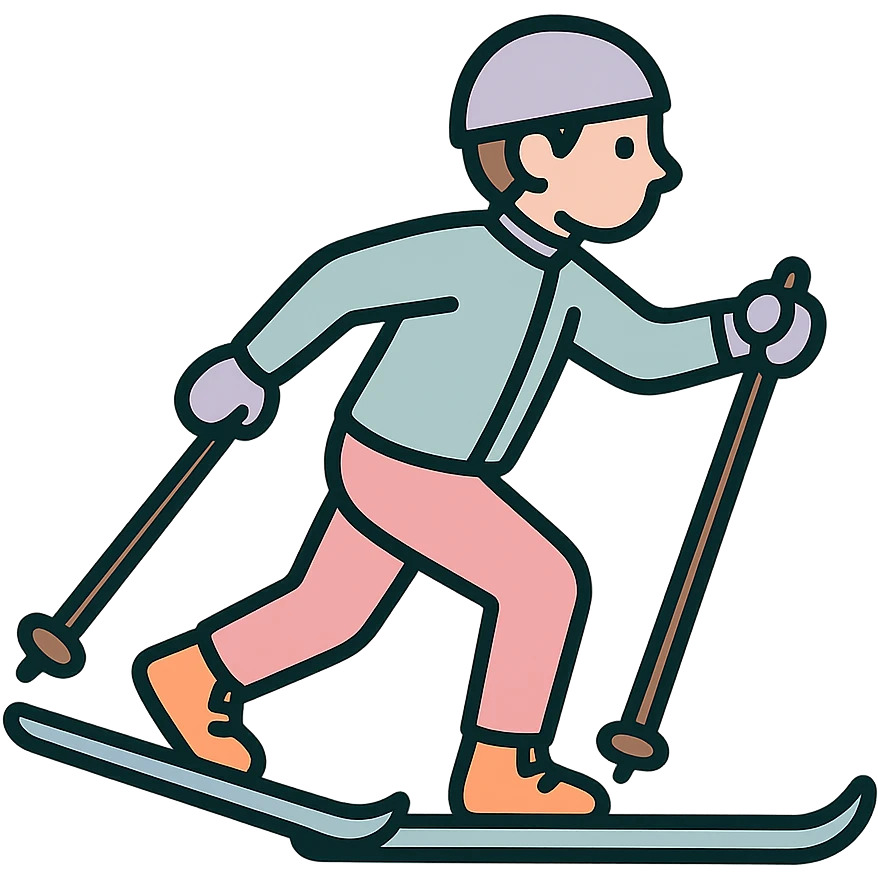 a skier gliding with skate technique on cross-country skis, detailed shading, thin clean outlines, soft rounded features, pastel palette #98B5BC #B5B3C1 #C9A3C9 #E4C0CA #F7DCD1 #F7C0AA, Japanese pop art, sticker look, highly detailed, vector clarity, soft lighting, subtle shadows, transparent background emoji