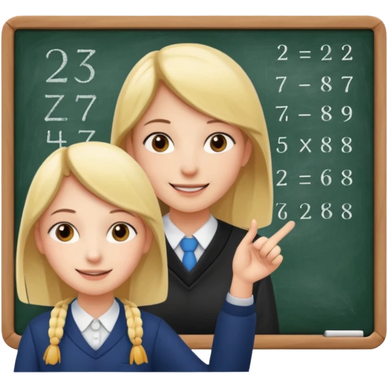 тақтада есеп орындап турған оқушы, мұғалім қасында көмектесіп түр emoji