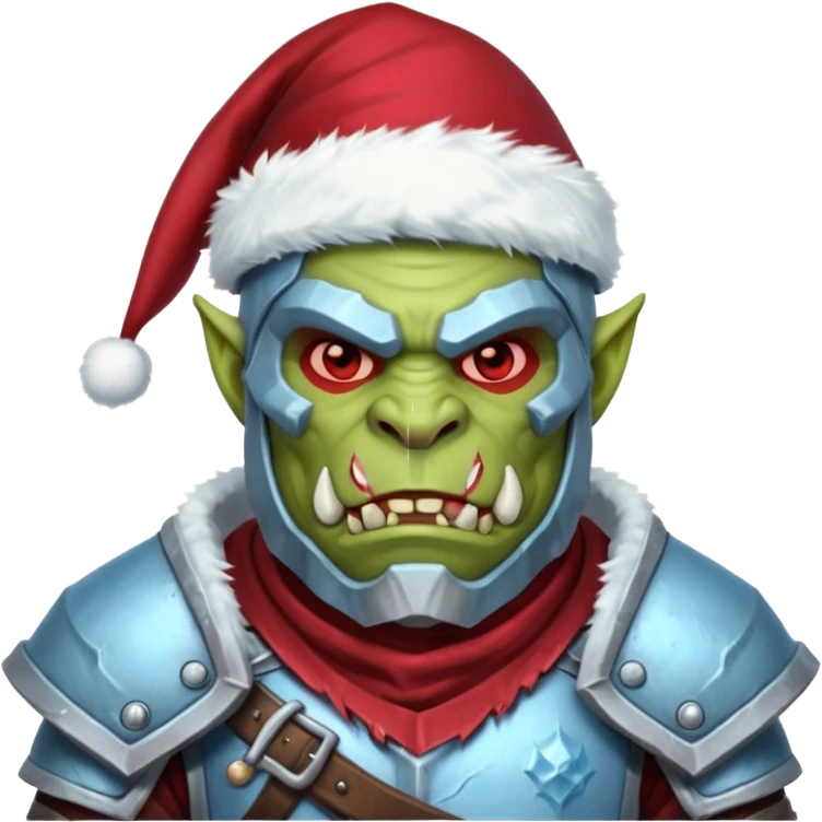 
Fantasy Christmas orc legion soldier icon, iron tundra army theme, heavy winter armor, disciplined brutal look, icy blue steel armor with deep crimson accents, frozen metal texture, cold winter atmosphere, male variant emoji