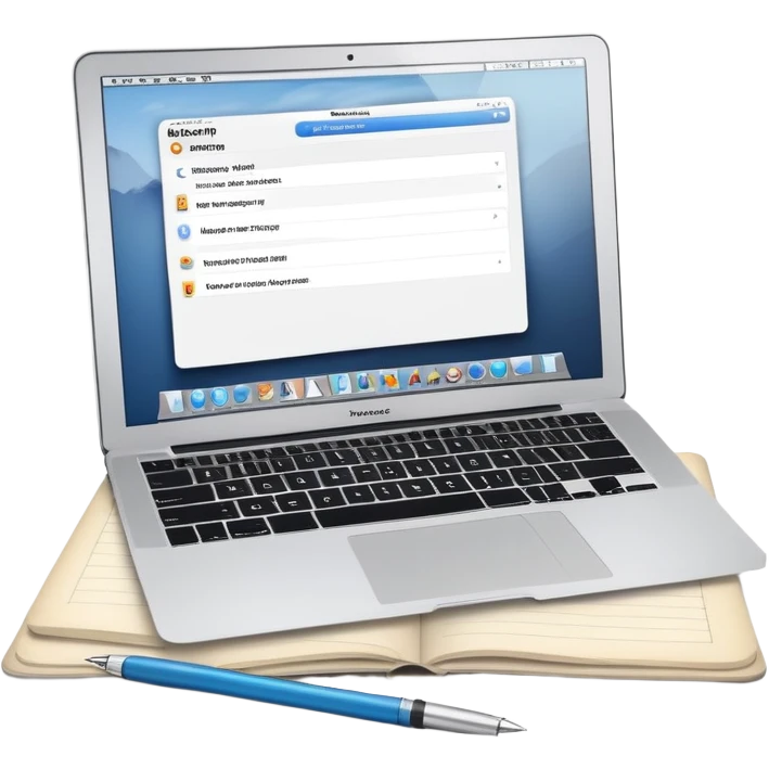 online booking system on MacBook screen next to old-style paper notebook with pen emoji