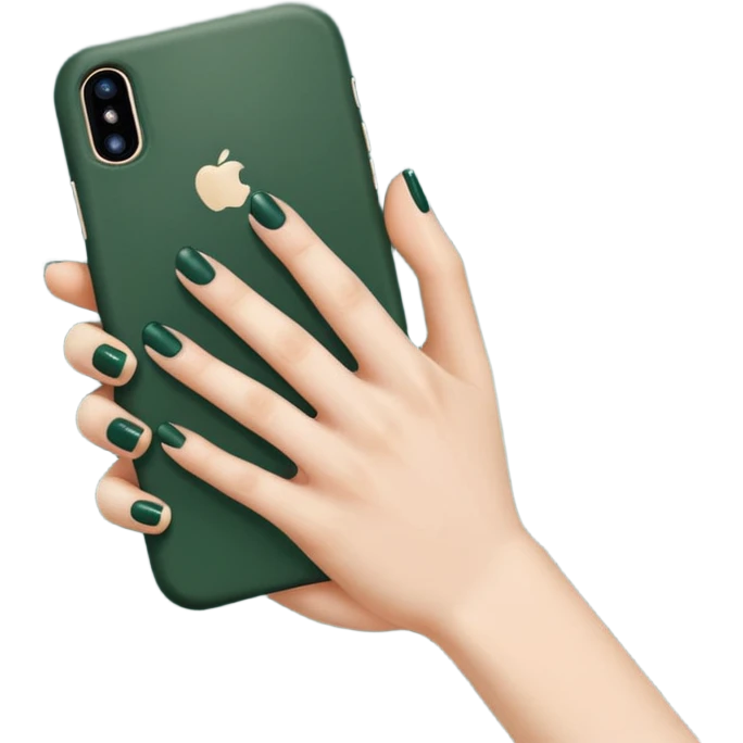 female hand with nude manicure (5 fingers) holding an iPhone in a dark green case, clean background, minimalism, emoji style emoji