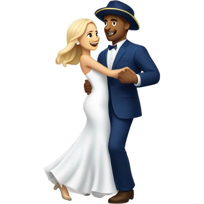 Puerto rican beard short brown hair with blue hat and navy blue suit first dance with blond long hair girl with white  wedding dress  emoji