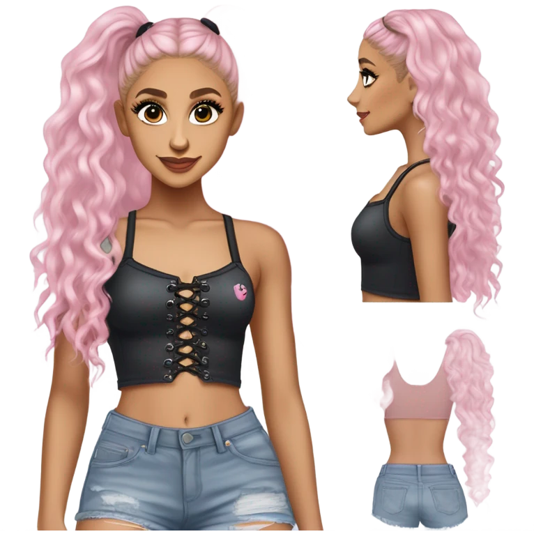 Ariana grande wearing a Shakira lace up croc top and short jeans and pink highlights  emoji