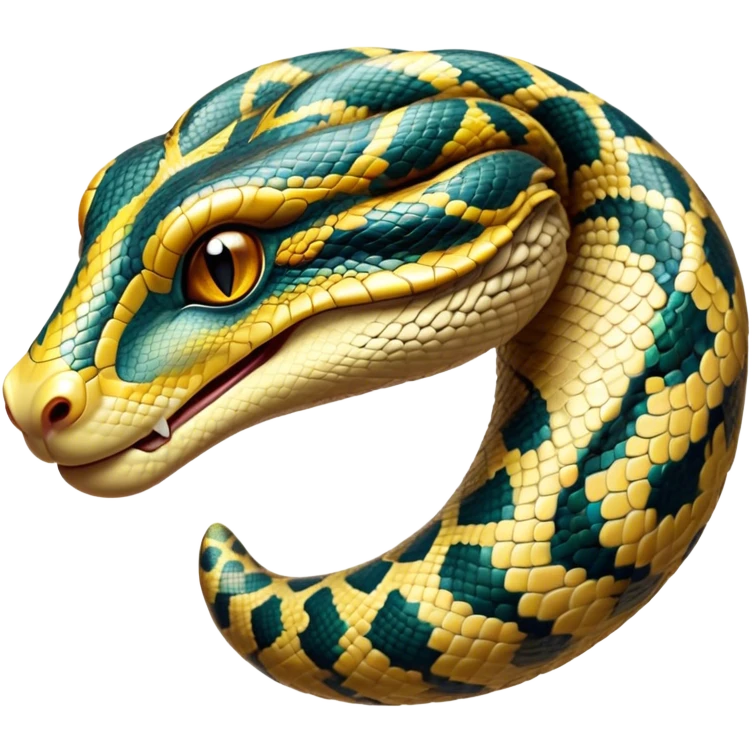 Cinematic Noble Python Portrait Emoji, Poised and regal, with a powerful, sinuous body adorned in intricate scale patterns and piercing, focused eyes, Simplified yet sharp and sophisticated features, highly detailed, glowing with a soft, earthy glow, high shine, intelligent and formidable, stylized with an air of primal elegance, focused and commanding, soft glowing outline, capturing the essence of a watchful and confident serpent that appears ready to coil out of the screen with effortless authority! emoji